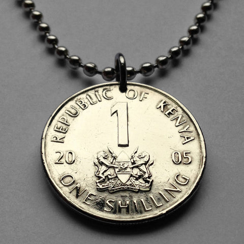 2005 Kenya Shilling coin pendant Kenyan lions Nairobi East Africa Kikuyu Luhya Luo Kiswahili Great Rift Valley Lamu safari spears n001935