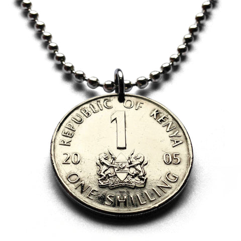2005 Kenya Shilling coin pendant Kenyan lions Nairobi East Africa Kikuyu Luhya Luo Kiswahili Great Rift Valley Lamu safari spears n001935