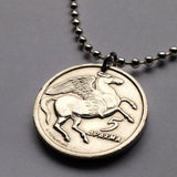 1973 Greece Hellas 5 Drachmai coin pendant Pegasus flying horse Phoenix Athens Thessaloniki Patras Mykonos Sparta Rhodes Corinth Larissa Santorini Corfu Crete Delphi Thebes Arcadia Argos Kos n001384