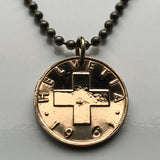 1963 Switzerland Helvetia 2 Rappen coin pendant Swiss cross Zurich Bern Geneva Basel Lausanne Winterthur Lucerne St. Gallen Lugano Biel Bienne Thun Bellinzona Köniz La Chaux-de-Fonds Fribourg Lauterbrunnen Vernier Chur Uster Vaud Aargau Ticino n001291