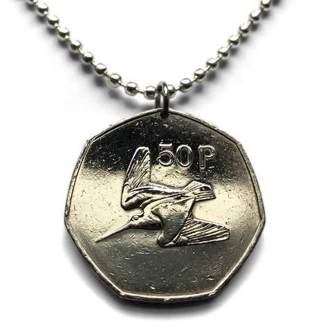 Ireland Éire 50 Pingin coin pendant necklace Woodcock bird Irish harp Cláirseach Dublin Cork Limerick Galway Waterford Drogheda Swords Dundalk Munster Guinness Ulster Connacht Leinster n002472
