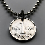 1970 Finlandia Suomi 1 Penni colgante de moneda finlandés Cruz de San Hannes hannunvaakuna Helsinki Cuadrado en bucle Finnic Uusimaa Pirkanmaa Jyväskylä valknute Saint John's Arms sankthanskors Tecla de comando de Apple n002474