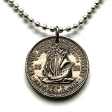 1957 British East Caribbean States 25 Cents coin pendant necklace jewelry Golden Hind Antigua Barbuda Dominica Grenada Saint Lucia Saint Vincent Grenadines Saint Kitts Nevis Anguilla Montserrat Martinique Trinidad Barbados n000595