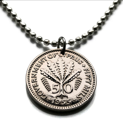 1955 British Cyprus 50 mils coin pendant Cypriot Fern Leaves Nicosia Limassol Strovolos Larnaca Famagusta Lakatamia Kyrenia Paphos n000786