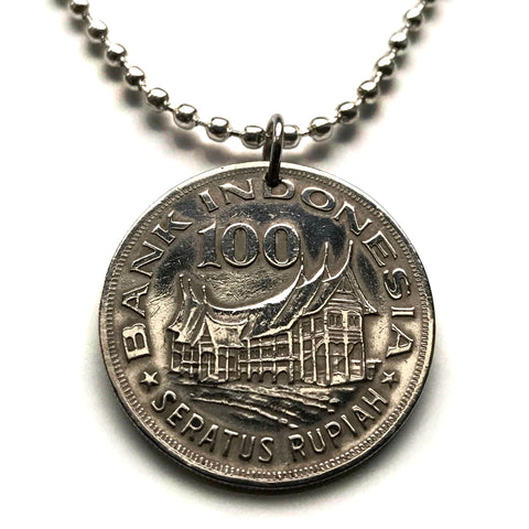 1978 Indonesia 100 Rupiah coin pendant Minangkabau house tree of life Jakarta Forestry prosperity Buddhist Sumatra Papua Sundanese n002067