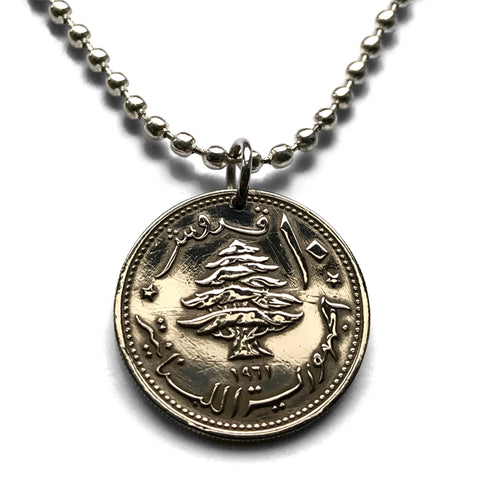 1961 Lebanon Liban 10 Piastres coin pendant necklace jewelry Lebanese cedar tree Beirut Tripoli Zahlé Sidon Aley Tyre Cedars of God Jounieh Batroun Anjar Bsharri Mediterranean Levantine Arabic n000748