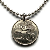 1991 Zimbabwe Rhodesia Nyasaland 10 Cents coin pendant necklace jewelry African Baobab tree soapstone bird carving Victoria Falls African Shona Bantu Chitungwiza Matobo n000075
