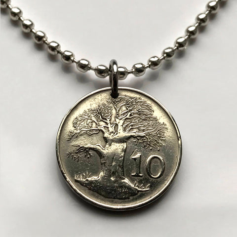 1999 Zimbabwe Rhodesia Nyasaland 10 Cents coin pendant necklace jewelry African Baobab tree soapstone bird carving Victoria Falls African Shona Bantu Chitungwiza Matobo n000075