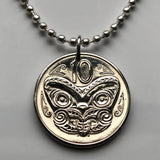 1967 New Zealand 10 Cents coin pendant Maori Koruru Mask Wellington house guardian North South Island Kiwi haka kiwi necklace n000442