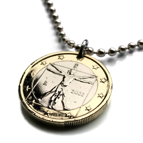 2006 Italy 1 Euro coin pendant necklace jewelry Vitruvian Man Leonardo da Vinci Vitruvius Canon of Proportions human body Rome Florence Venice Milan Torino Napoli Palermo Matera Amalfi Coast Pisa Siena Parma n000559