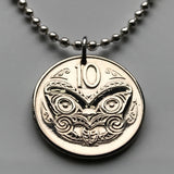 1967 New Zealand 10 Cents coin pendant Maori Koruru Mask Wellington house guardian North South Island Kiwi haka kiwi necklace n000442