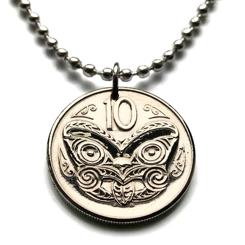 1967 New Zealand 10 Cents coin pendant Maori Koruru Mask Wellington house guardian North South Island Kiwi haka kiwi necklace n000442