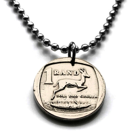 South Africa 1 Rand coin pendant necklace jewelry springbok antelope gazelle Cape Town Johannesburg Durban Pretoria Port Elizabeth Tswana Xhosa Bloemfontein Afrikaans Bantu isiZulu Northern Sotho n000631