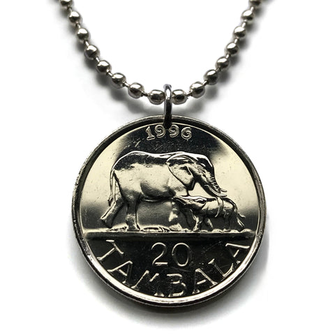 1996 Malawi 20 Tambala coin pendant necklace jewelry African elephants Lilongwe Malawian Nyasaland Bantu Mount Mulanje cow & calf mother safari n002672