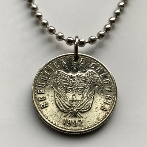 1991 Colombia 50 Pesos coin pendant necklace jewelry Colombian flags Andean condor Bogota Medellin Cali Barranquilla Cartagena Antioquia Valle del Cauca Cúcuta Chibcha Muisca Santander Manizales Bucaramanga n001727