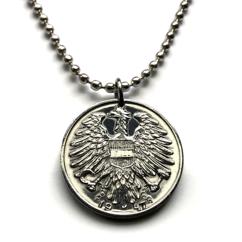 1947 Austria Osterreich 1 Schilling coin pendant Austrian eagle Habsburg shield Vienna Innsbruck Salzburg Graz Linz Villach Carinthia Sankt Polten Tyrol	Babenberg Styria Klagenfurt Zell am See Wels Solden Ischgl Gmunden Vorarlberg Hallstatt n001622