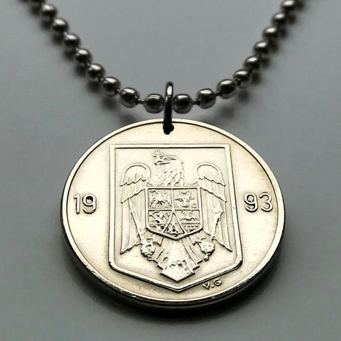 1993 Romania 10 Lei coin pendant golden eagle Bucharest Cluj-Napoca Iasi Moldavia Wallachia Constanța Timisoara Brasov Craiova Galati Oradea Constanta Ploiesti Braila Sibiu Transylvania Michael the Brave Vlad Dracula Impaler Vlachs Poenari castle n002731
