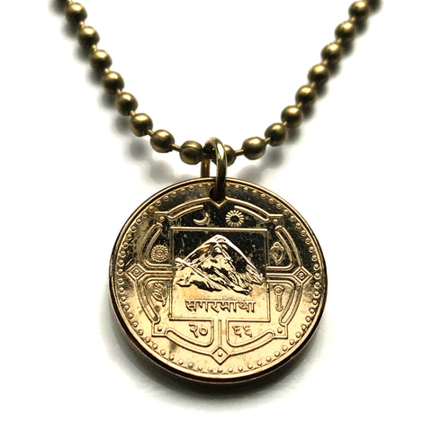 Colgante de moneda de 1 rupia de Nepal de 2009 con mapa de Nepal, monte Everest, Sagarmatha, montañas del Himalaya, sol, luna, Mahalangur, Himal, Tíbet, collar n.º 001729