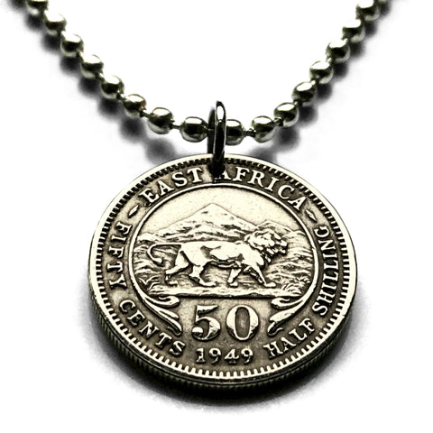 1954 East Africa 50 Cents coin pendant lion Kenya Tanzania Uganda UK British African Great Lakes Bantu Dodoma Victoria Lake n001093