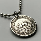 1954 East Africa 50 Cents coin pendant lion Kenya Tanzania Uganda UK British African Great Lakes Bantu Dodoma Victoria Lake n001093