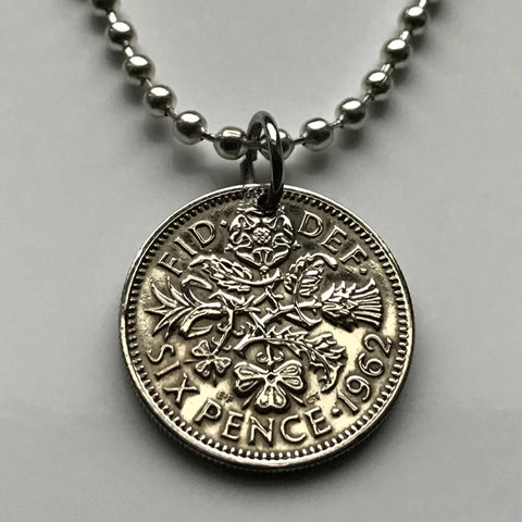 United Kingdom Great Britain 6 Pence coin pendant beach bridesmaid gift something old new English Tudor rose England Scottish thistle Scotland Irish shamrock Ireland Welsh leek Wales London Edinburgh Belfast Cardiff Manchester Bristol Newcastle n000085