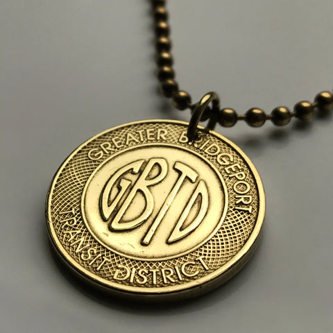 1970s Connecticut Greater Bridgeport Transit District token pendant GBTD One Fare bus streetcar transportation ZipTrip Trumbull Stratford Milford Fairfield Gold Coast Westport Shelton Monroe Easton Stamford Norwalk Danbury Ansonia Beacon Falls n002876