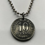 1917 Germany Deutschland 10 Pfennig coin pendant World War 1 German eagle Berlin Hamburg Munich Cologne Frankfurt Stuttgart Leipzig Essen Dortmund Dusseldorf Bremen Dresden Hanover Nuremberg Bavaria Brandenburg Bonn Hesse Rothenburg n001351