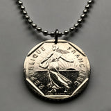 1982 France 2 Francs coin pendant necklace jewelry La Semeuse the Sower & seed French jewelry Paris Marseilles Lyon	Toulouse Mont Saint-Michel Nice Strasbourg Bordeaux Versailles Le Havre Rennes Reims Toulon n000369