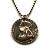 1900 United Kingdom Great Britain England Penny coin pendant British Queen Victoria Britannia London Birmingham Liverpool Nottingham Sheffield Bristol Glasgow Leicester Edinburgh Leeds Cardiff Manchester Reading Portsmouth Newcastle Cambridge York n001616