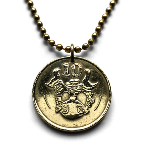 1991 Cyprus 10 Cents coin pendant Cypriot jewelry Foini Phini village clay vase singing birds pottery Nicosia Limassol Larnaca Varosha Famagusta Paphos Kyrenia Protaras Lemesos Pergamos Morfou n000904