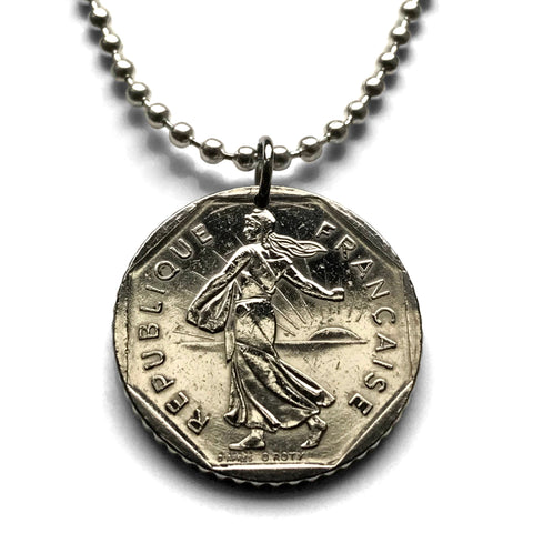 1982 France 2 Francs coin pendant necklace jewelry La Semeuse the Sower & seed French jewelry Paris Marseilles Lyon	Toulouse Mont Saint-Michel Nice Strasbourg Bordeaux Versailles Le Havre Rennes Reims Toulon n000369