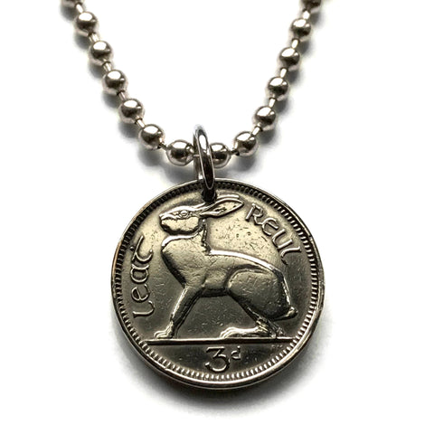 Ireland Éire 3 Pence coin pendant necklace Irish rabbit hare cute bunny Gaelic harp Cláirseach Dublin Cork Limerick Waterford Ulster Carlow Hibernia Galway Munster Guinness St Patrick's n000121
