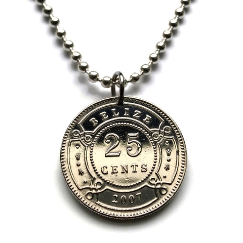 2007 Belize 25 Cents coin pendant British Honduras Belmopan Belizeans Central America Maya Stann Creek Dangriga West Indies necklace n003013