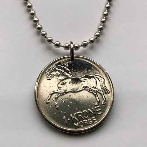 Norway Norge Noreg 1 Krone coin pendant necklace Norwegian Fjord horse draught stallion thoroughbred pony jockey Oslo Bergen Stavanger Sandnes Drammen Bokmal Nynorsk Scandinavia Vikings Alesund n000254