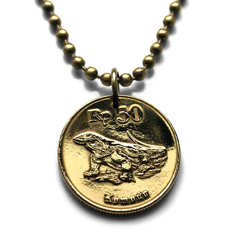 1991 Indonesia 50 Rupiah coin pendant necklace jewelry Komodo dragon lizard Garuda Pancasila Jakarta Surabaya Bandung Medan Depok Bekasi Palembang Tangerang Sundaland Java Malay Prambanan Borobudur Toraja Bali Borneo n000951
