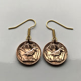 1992 Cayman Islands 1 Cent coin fish hook earrings dangle and drop jewelry Grand Cayman thrush song bird sparrows passerine birds Caribbean UK Bodden Town Jamaica Little Cayman Cayman Brac Seven Mile Beach George Town British e000014