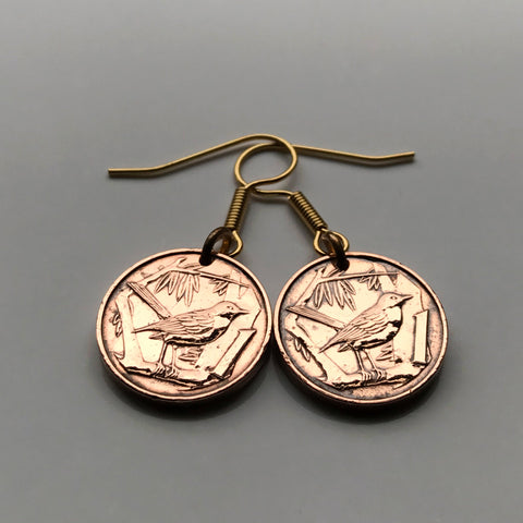 1992 Cayman Islands 1 Cent coin fish hook earrings dangle and drop jewelry Grand Cayman thrush song bird sparrows passerine birds Caribbean UK Bodden Town Jamaica Little Cayman Cayman Brac Seven Mile Beach George Town British e000014