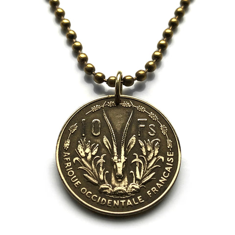 1956 French West Africa 10 Francs coin pendant African jewelry gazelle antelope Senegal Ivory Coast Burkina Faso Togo Niger French Sudan	Mali Benin Mauritania Conakry French Sudan Guinea Togoland Upper Volta Dahomey Marianne Dakar Bamako n000271