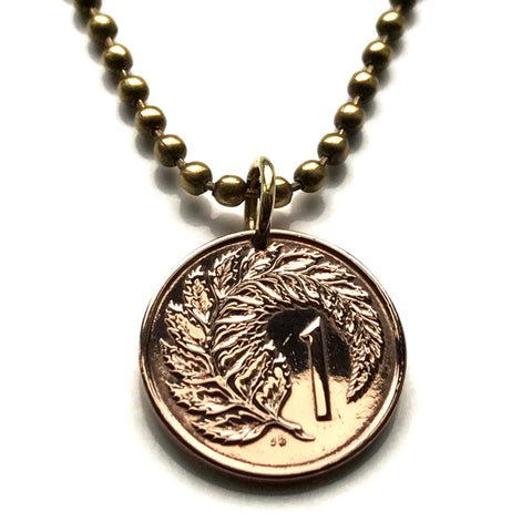 1985 New Zealand 1 Cent coin pendant necklace jewelry Silver fern leaf ponga Wellington Hamilton Auckland Christchurch Tauranga endemic Cook Strait Waikato Hawaiki Hawaiki Māoritanga Polynesia n000550