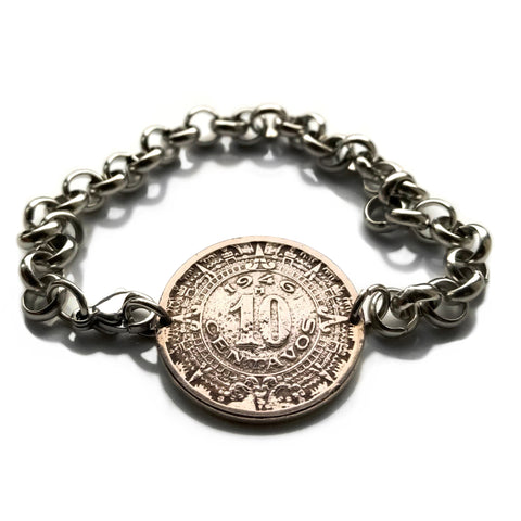 1946 Mexico 10 Centavos coin bracelet Aztec Sun Stone calendar Piedra Sol Tonalpohualli Zócalo Tonatiuh Xiuhpōhualli Mexica sculpture Moctezuma II Templo Mayor Tenochtitlan Xochimilco b000040