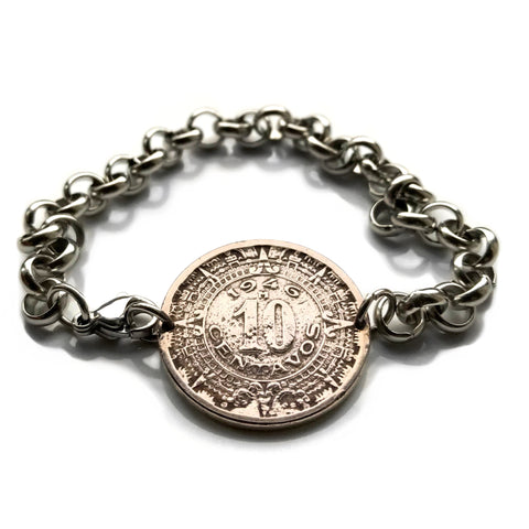 1946 Mexico 10 Centavos coin bracelet Aztec Sun Stone calendar Piedra Sol Tonalpohualli Zócalo Tonatiuh Xiuhpōhualli Mexica sculpture Moctezuma II Templo Mayor Tenochtitlan Xochimilco b000040