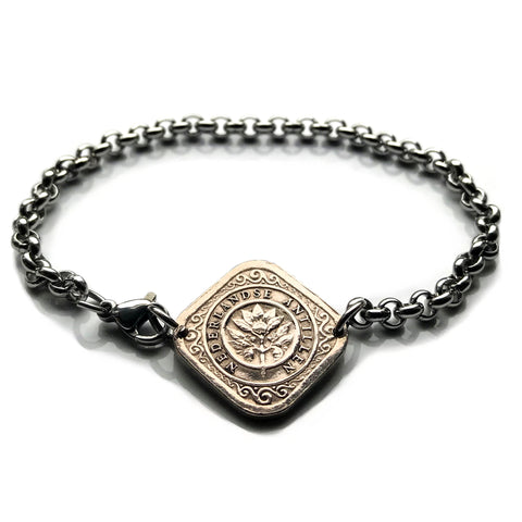 Pulsera moneda de 5 céntimos de Curazao de las Antillas Holandesas de 1965 Flor de naranja Willemstad Holanda Ámsterdam conchas marinas olas caribeñas b000010