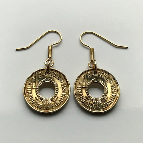 1955 Lebanon Liban 1 Piastre coin earrings jewelry Lebanese cedar tree Beirut Tripoli Zahlé Sidon Aley Tyre Byblos Jounieh Anjar Nabatieh Bsharri Zaarour Baalbek Beqaa Middle East Mediterranean e000096