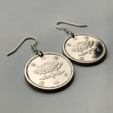 Japan Nippon 50 Yen coin dangle earrings Chrysanthemum flower mums chrysanths blossom Tokyo Yokohama Osaka Nagoya Sapporo Fukuoka Kobe Okinawa Kawasaki Kyoto Saitama Hiroshima Sendai Chiba e000100