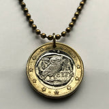 Greece Hellas 1 Euro coin pendant Greek little owl of Athena Athens Parthenon Thessaloniki Larissa Rhodes Mykonos Santorini Crete Macedonia Sparta Meteora Peloponnese Pella Thebes Kos Balkans n001058