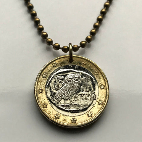 Greece Hellas 1 Euro coin pendant Greek little owl of Athena Athens Parthenon Thessaloniki Larissa Rhodes Mykonos Santorini Crete Macedonia Sparta Meteora Peloponnese Pella Thebes Kos Balkans n001058