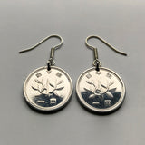 Japan 1 Yen coin earrings young tree blossom flower Japanese kanji floral Nippon Tokyo Osaka Nagasaki Kyoto planting e000141