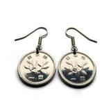 Japan 1 Yen coin earrings young tree blossom flower Japanese kanji floral Nippon Tokyo Osaka Nagasaki Kyoto planting e000141
