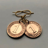 Germany Deutschland 1 Reichspfennig coin earrings Berlin Hamburg Munich Koeln Duisburg Bavaria Wandsbek Karlsruhe Dresden Oktoberfest e000155