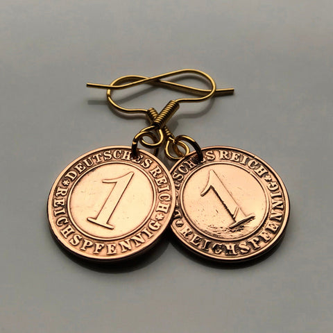 Germany Deutschland 1 Reichspfennig coin earrings Berlin Hamburg Munich Koeln Duisburg Bavaria Wandsbek Karlsruhe Dresden Oktoberfest e000155